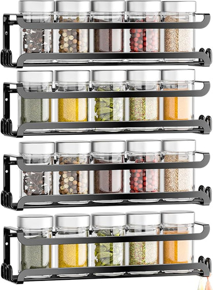 LUCYCAZ 4 Pack Wall Mounted Spice Rack with 16 Hooks, Spice Organizer Shelf for Stove Cabinet Pantry Door,Screw or Adhesive Spice Shelf Hanging Wall Spice Rack in Kitchen and RV (Black, 4 PACK)