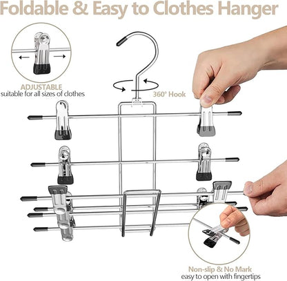 6 Pack Pants & Skirt Hangers Space Saving Hanging Closet Organizer and Storage, Upgrade Skirt Hangers with Clips and 360° Swivel Hook, Closet Storage