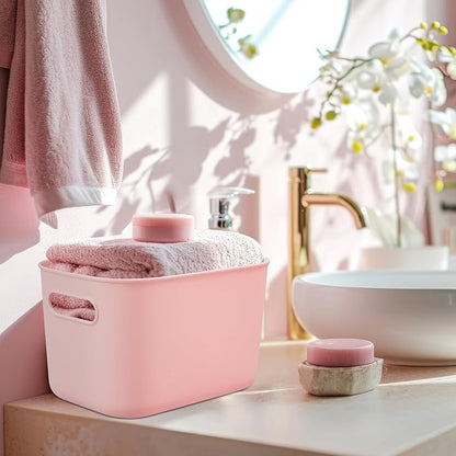 Hoolerry 8 Pieces Colorful Storage Bins with Lid, Plastic Storage Basket Organizing Container Stackable Box with Handle for Shelves Desktop Playroom Office(9.8 x 7.1 x 6.3 Inch,White and Pink)