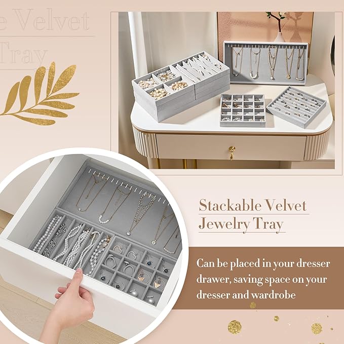 Cinnvoice Set of 5 Stackable Jewelry Organizer Trays for Drawer 14 Inch Velvet Jewelry Drawer Insert Display Storage with Removable Divider for Necklace Earring Ring Watch Bracelet (Gray)
