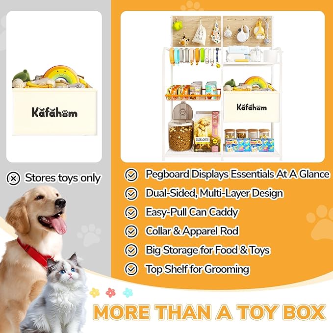 KAFAHOM Dog Toy Basket with Pegboard, Dogs Toy Bin with Storage Organizer, All-in-One Dog Stuff Box & Essential Holder, Perfect Basket for Dog Toys in Living Room, Great Gifts for Pet Lovers, White