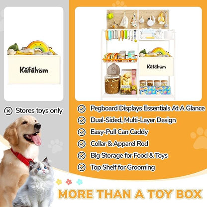KAFAHOM Dog Toy Basket with Pegboard, Dogs Toy Bin with Storage Organizer, All-in-One Dog Stuff Box & Essential Holder, Perfect Basket for Dog Toys in Living Room, Great Gifts for Pet Lovers, White