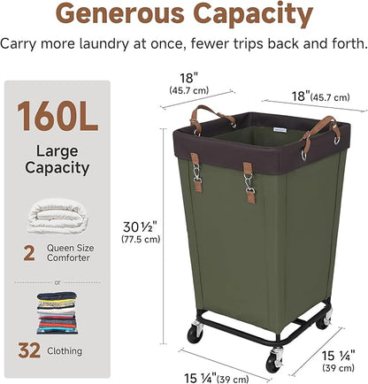 StorageWorks 160L Laundry Basket with Wheels, Large Rolling Hampers for Clothing Organizer, Dirty Clothes Basket for Hotel, Home, Closet, Dorm, Green