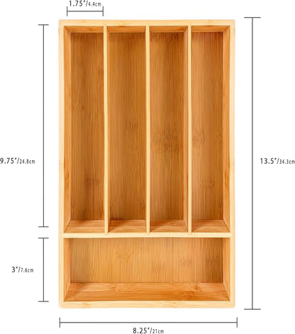 BergHOFF Bamboo Flatware Organizer 5-slot, 13.5" x 8.25", Natural, Fit in any size of drawer, great for spoons, forks, knives, scissors, peelers, chef tools