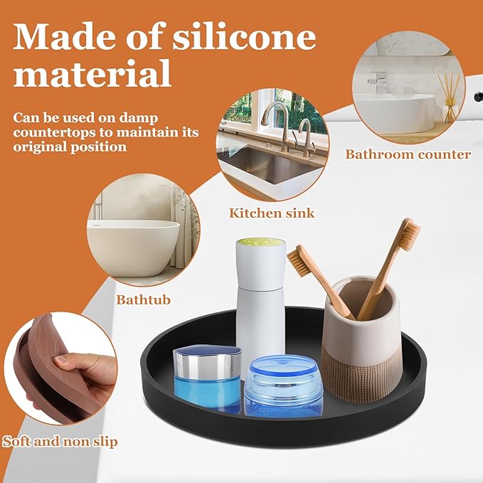 3Pcs Bathroom Trays with Anti Slip Bottom Decorative Silicone Vanity Trays Space Saving Perfume Trays for Candle Soap Shampoo (Round)