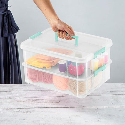 Sterilite 8-Pack Stack & Carry, 2 Layer Handle Box for Home & Office Storage - Clear Base & Lid with Color Latches, Organizer for Art & Craft Supplies, Sewing Tools or 8.5" x 11" Paper