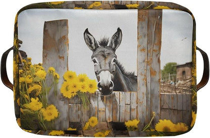 Storage Basket Donkey with Yellow Flowers Durable Canvas Collapsible Toy Box Organizer Bin with Handles for Shelf Closet Bedroom Home Office