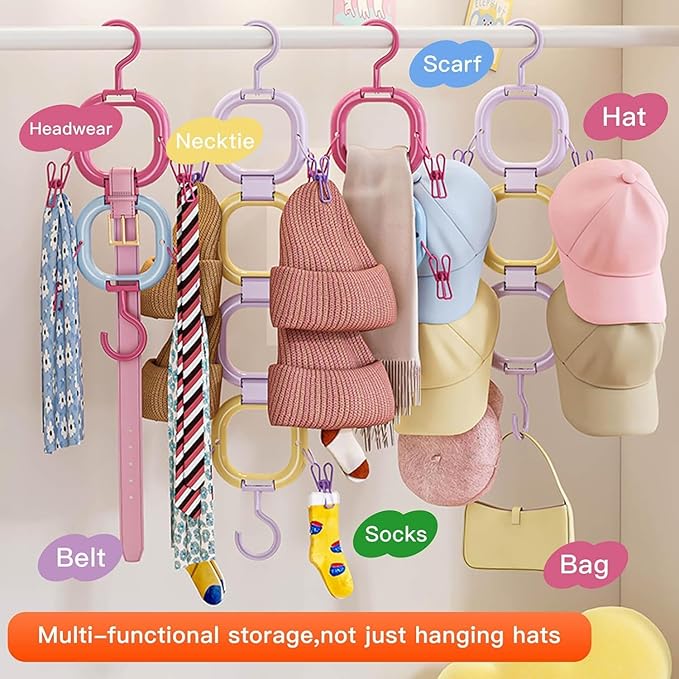 Hat Organizer Storage for Baseball Caps Hat Rack Small Space Organization for Wall and Cloeset Multi-Functional Hanger Hold up to 12 Hats 6 Scarf for Closet Door Bedroom (Pink - 6 Loops)