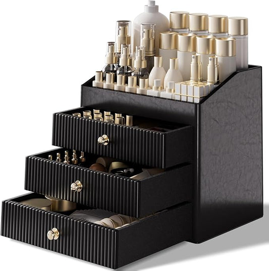 LADSTAG Cosmetic Organizer,Luxury Make up Organizer with 3 shelf Drawers,Black Large Capacity Makeup Organizers for Skincare,Brushes, Dresser,Bedroom,Bathroom,Birthday Gifts for Mom