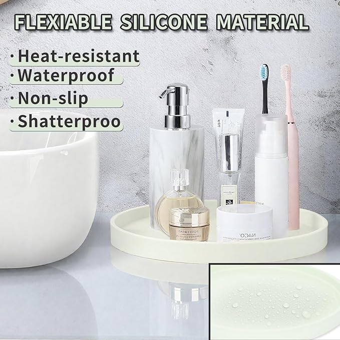 Silicone Bathroom Tray, 9" Round Cream Vanity Organizer – Decorative Countertop Tray for Soap, Candle, Perfume, Kitchen & Coffee Table