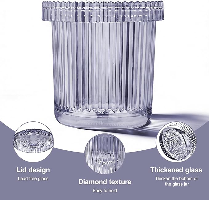 Glass Qtip Dispenser 2 Pack, Clear Bathroom Storage Organizer for Cotton Swabs, Balls, Pads & Floss Picks, Vanity Makeup Essential Accessories (Purple)