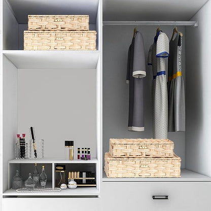 Plastic Wicker Storage Baskets with Lids, 2-Pack Woven Rattan Organizer Bins with Locking Button, Decorative Flat Storage Boxes, 11"x9.25"x2.75" & 13"x11.2"x3.5", Beige