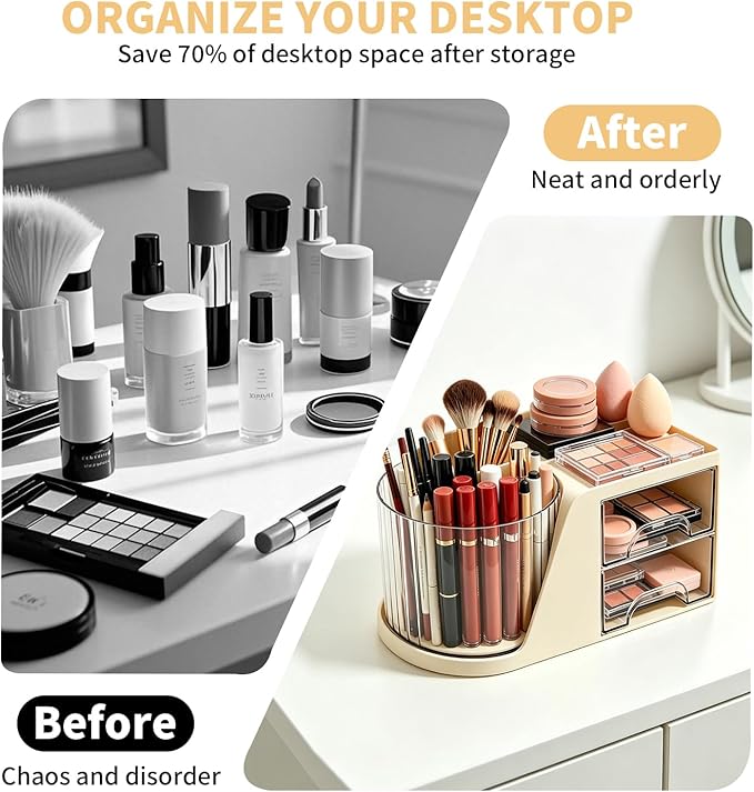360 Rotating Makeup Organizer with 2 Drawers, Spinning Cosmetic Brush Holder & Pen Cup, Multi-Purpose Desktop Storage for Bathroom Vanity, Art Supplies, Skincare, Office Desk