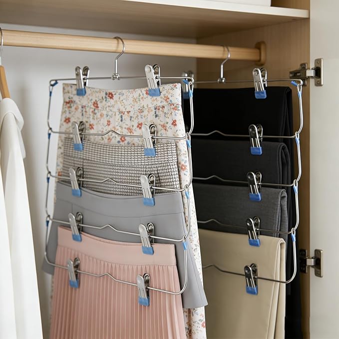 Skirt Pants Hangers with Clips,6Tier Skirt Hangers Space Saving,Metal Multi Pants Hangers and Storage Multi Clothes Shorts Hanger Organization,Space Saving Hangers with Clips (Blue, 4-Piece Set)