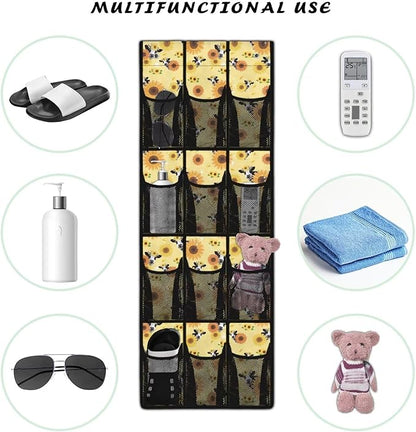 Sunflower Cow Over the Door Shoe Organizer 12 Large Mesh Pockets Sturdy Oxford Fabric Door Shoe Organizer Hanging Shoe Rack for Door