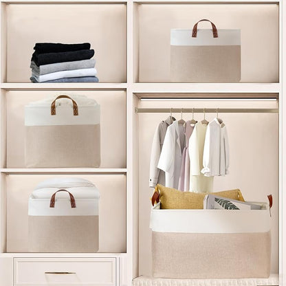 DULLEMELO 70L Extra Large Storage Bin, 22" x 15" x 13" Oversized Storage Basket, Collapsible Storage Box, Fabric Clothes Toys Blanket Basket for Shelves, Laundry, Nursery (White&Khaki)