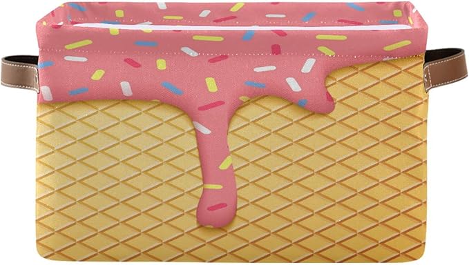 Kigai Ice Cream Cone Storage Basket Collapsible Rectangle Storage Bin Shelves Basket Organizer with Leather Handle for Closet, Office, Nursery, Home Decor