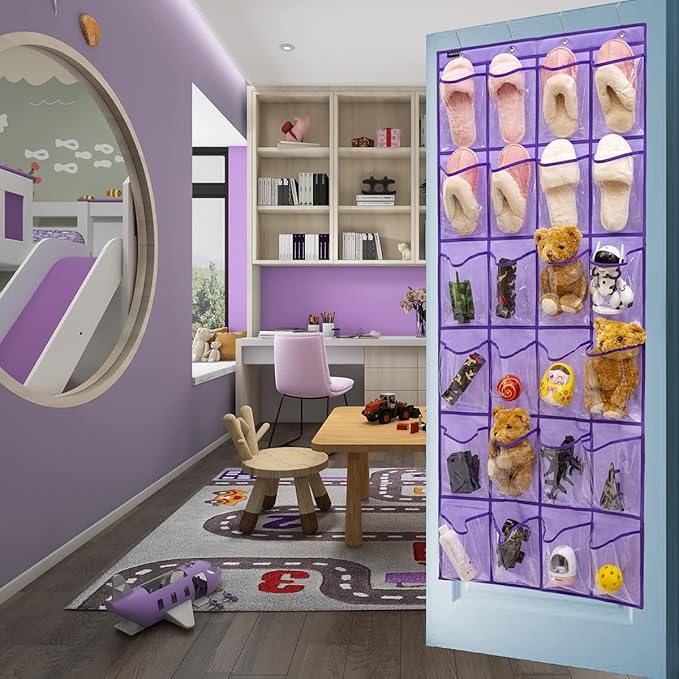 Modern Over the Door Shoe Rack Organizer with 24 Clear PVC Pockets, Purple