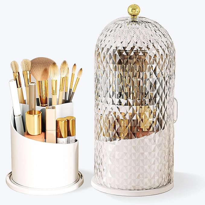 Makeup Brush Holder with Lid, 360 Rotating Multifunction Clear Dustproof Skincare Cosmetic Tools Storage Organizer for Vanity Desktop Bathroom Countertop (White)