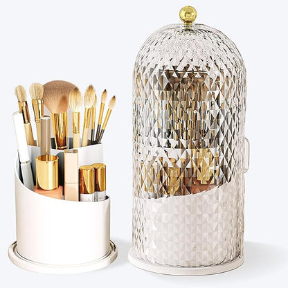 Makeup Brush Holder with Lid, 360 Rotating Multifunction Clear Dustproof Skincare Cosmetic Tools Storage Organizer for Vanity Desktop Bathroom Countertop (White)