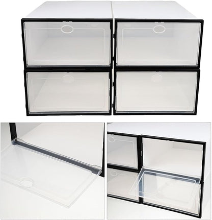 SHINEOFI Thickened Plastic Shoe Storage Boxes 4pcs Waterproof Dustproof Shoes Holder Organizer with Black Frame for Home Closet Storage