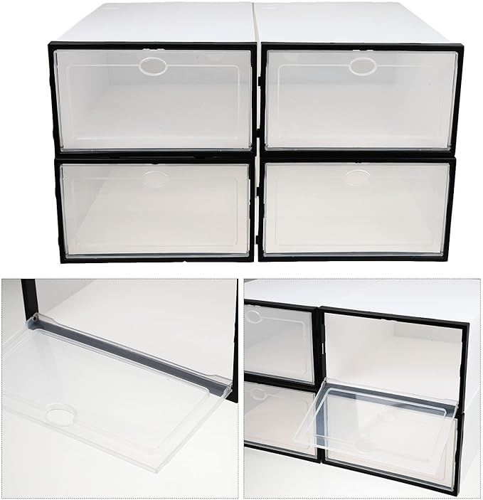 4 Pcs Men’s Shoe Storage Boxes Plastic Shoe Organizers Waterproof Dustproof with Black Frame for Home Closet