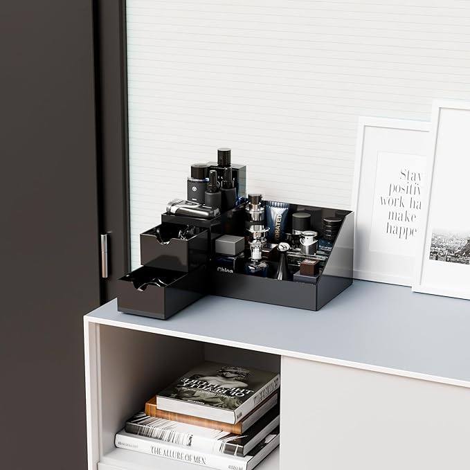 Yieach Mens Cologne Organizer With Drawers,Large Acrylic Perfume Organizer,Fragrance Shelf for Men Room Decor,Black Makeup Organizers and Cologne Holder for Mens Vanity,Bathroom Countertop and Dresser