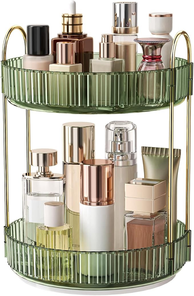 360° Rotating Makeup Organizer, Large Capacity Skincare Organizer, 2 Tier Cosmetic Skin Care Perfume Dresser Organizer, Fits Cosmetics, Perfume, Skin Care, Lipstick