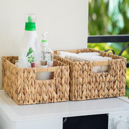FairyHaus Wicker Baskets 15x11x7 & 13.4x9.5x6.5, 2 Pack Handmade Big Wicker Storage Basket with Handles, Natural Water Hyacinth Wicker Baskets for Storage Shelves Organizing, Rectangle Wicker Basket