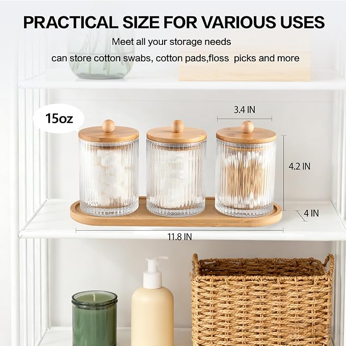 3 Pack Qtip Holder Bathroom Set,Cotton Pad Ball Swab Holder Cotton Round Floss Pick Dispenser with Tray,Glass Apothecary Jars with Lids,Bathroom Organizers and Storage Canisters