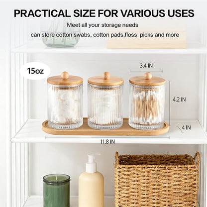 3 Pack Qtip Holder Bathroom Set,Cotton Pad Ball Swab Holder Cotton Round Floss Pick Dispenser with Tray,Glass Apothecary Jars with Lids,Bathroom Organizers and Storage Canisters