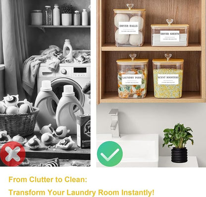 4 Pack Clear Laundry Pods Container & Dryer Sheet Holder Set with Lid, Laundry Containers with Scoops & Labels, Laundry Room Organization and Storage for Laundry Detergent, Pods, Powder, Beads