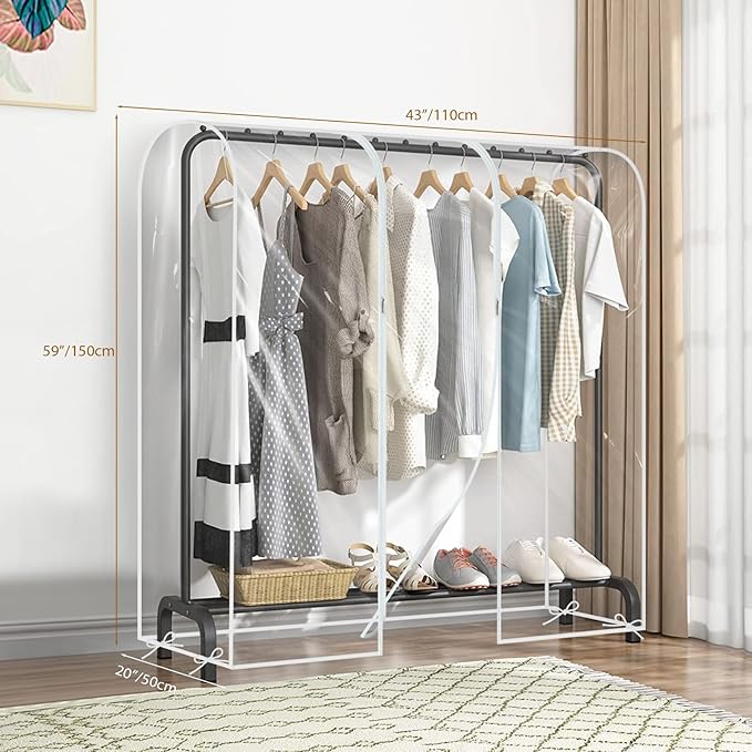 Garment Rack Cover waterproof ransparent Clothes Rack Cover, PEVA Dustproof Wardrobe Hanging Protector Rack Organizer with 2 Smooth Zipper (60 * 20 * 43.3inch)
