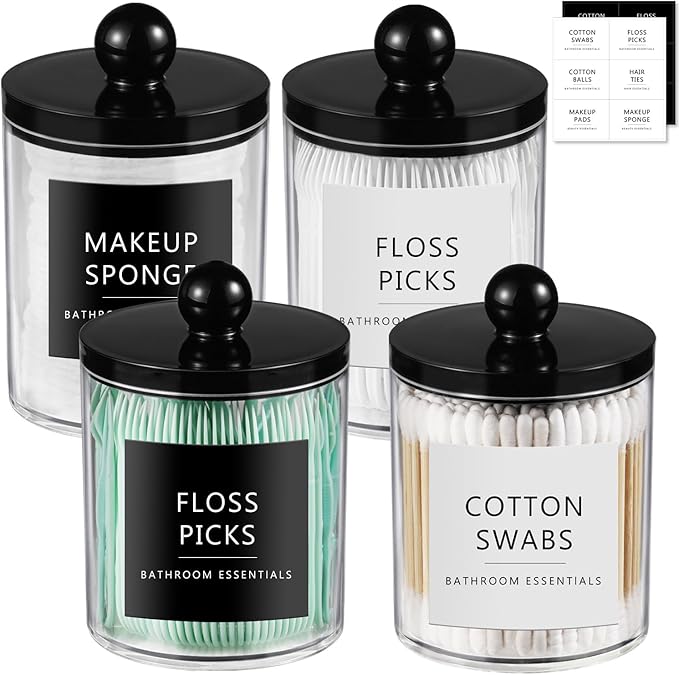 SheeChung 4 Pack Acrylic Qtip Holder Dispenser,Bathroom Jars with Lid Set for Cotton Swabs,Balls,Pads,Floss,Clear Plastic Canisters Apothecary Jar,Bathroom Essential Makeup Vanity Organizer(10oz-12oz)