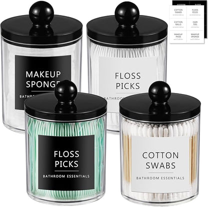 SheeChung 4 Pack Acrylic Qtip Holder Dispenser,Bathroom Jars with Lid Set for Cotton Swabs,Balls,Pads,Floss,Clear Plastic Canisters Apothecary Jar,Bathroom Essential Makeup Vanity Organizer(10oz-12oz)