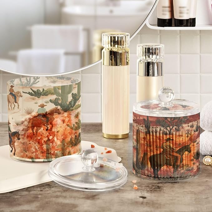 2 Pack Qtip Dispenser Apothecary Jars with Lids Cotton Round Holder Bathroom Canisters for Cotton Swab Floss Ball Pads Clear Plastic Decorative Cowboys Horses Cactus Desert