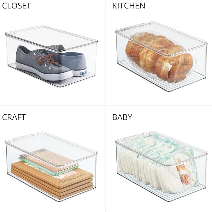 mDesign Stackable Plastic Closet Storage Container Bin Box with Hinge Lid for Organizing Shoes, Booties, Pumps, Sandals, Wedges, Flats, Heels - Lumiere Collection - 4 Pack - Clear