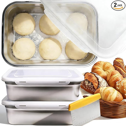 2 Pack Pizza Dough Proofing Box, 10L Stainless Steel Proofing Container with Clear Airtight Lid, Stackable Fermentation Storage for Dough Balls & Bread, Includes Cutter