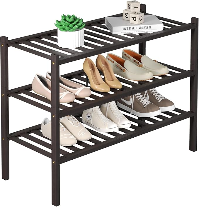 ROMGUAR CRAFT 3 Tier Bamboo Shoe Rack for Closet Free Standing Wood Shoe Shelf for Entryway Small Space Stackable 27"x11"x20" (Brown)