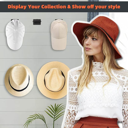 KOVSPO 10 PCS Adhesive Hat Hooks for Wall, Strong Hold Hat Hangers, Minimalist Hat Rack Design, No Drilling, Hat Hooks for Baseball Caps, Hat Holder Organizer for Wall, Door, Closet, Office, Bedroom