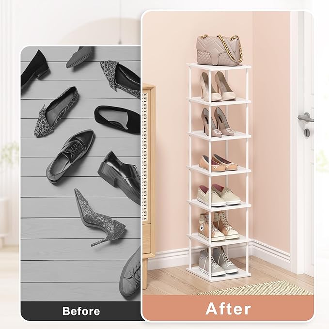 MHXW SXPN Bamboo Free Standing Shoe Rack Shelf Multi Tier Tall Wooden Stackable Shoes Rack Organizer for Closet Front Door Entrance Narrow Vertical Shoe Storage (White, 7 Tiers)