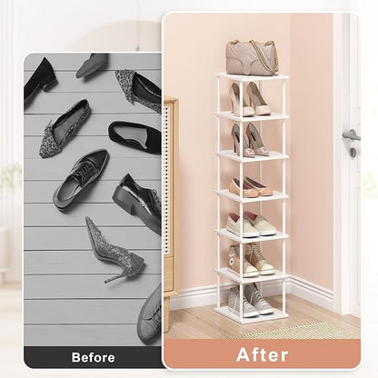 MHXW SXPN Bamboo Free Standing Shoe Rack Shelf Multi Tier Tall Wooden Stackable Shoes Rack Organizer for Closet Front Door Entrance Narrow Vertical Shoe Storage (White, 7 Tiers)