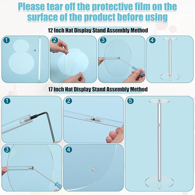 Beeveer 16 Pcs Acrylic Hat Stand 12" to 17" Adjustable Clear Wig Display Rack Nonslip Round Barbell Base Hat Rack Decorative Hat Holder Wig Stand Holder for Hats Watch Jewelry Storage Table (Thicker)