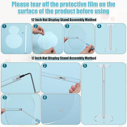 Beeveer 16 Pcs Acrylic Hat Stand 12" to 17" Adjustable Clear Wig Display Rack Nonslip Round Barbell Base Hat Rack Decorative Hat Holder Wig Stand Holder for Hats Watch Jewelry Storage Table (Thicker)