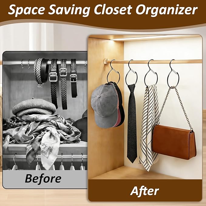 4 Pack Belt Hanger for Closet, Multipurpose Closet Hanger with S Hook, Rust-Resistant Metal Belt Organizer & Tie Rack for Belts, Ties, Scarves, Hats, Bags, Space Saving Wardrobe Storage (Black)