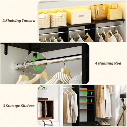 Besiost 48" Closet Organizer System, 4FT Closet System for Small Closets with 4 Hanging Rods & 3 Shelves, 80"H Small Closet Organizers and Storage for Bedrooms, Cloakrooms, Black