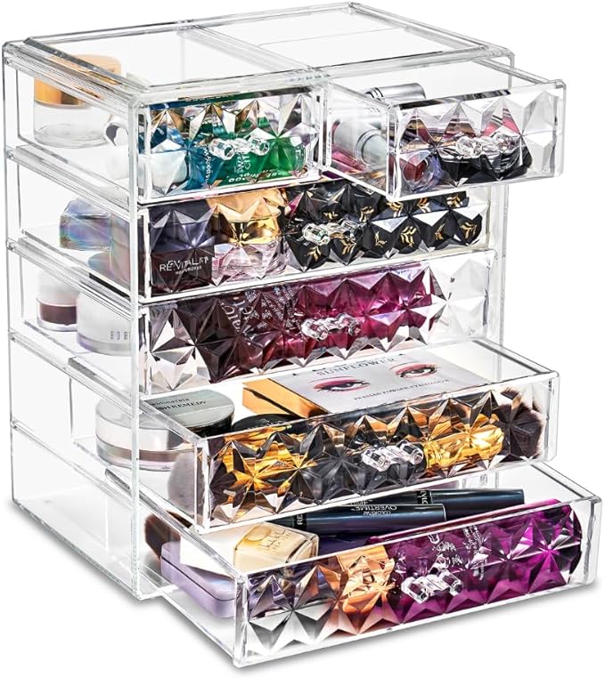 Sorbus Acrylic Makeup Organizer Set, 6-Drawer Vanity & Countertop Cosmetic Storage with Small & Wide Drawers, Diamond Makeup Storage for Brushes, Lipsticks, Jewelry – Holiday Gift for Women & Teens