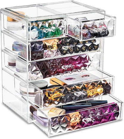 Sorbus Acrylic Makeup Organizer Set, 6-Drawer Vanity & Countertop Cosmetic Storage with Small & Wide Drawers, Diamond Makeup Storage for Brushes, Lipsticks, Jewelry – Holiday Gift for Women & Teens