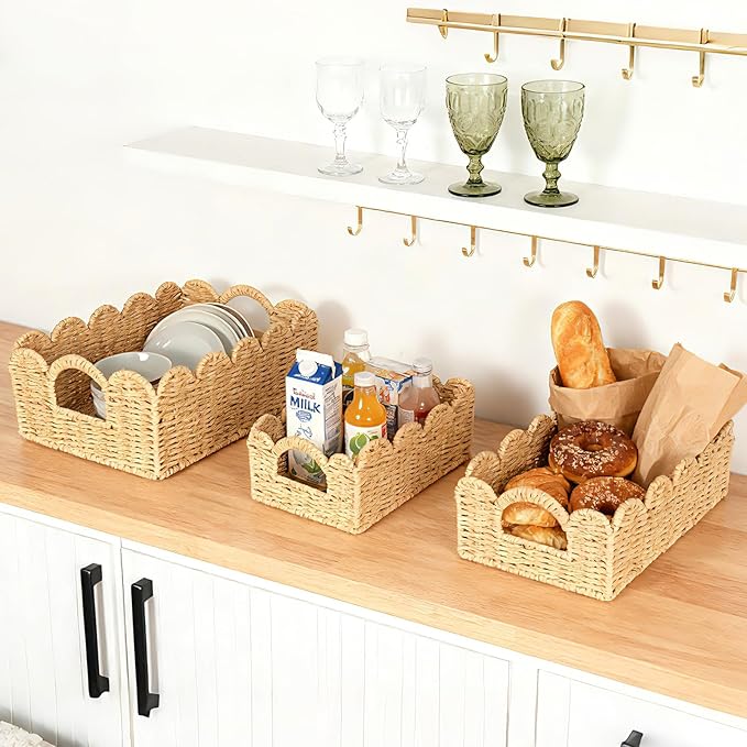 Hand Woven Paper Rope Scalloped Edge Decor Baskets for Home,Living Room, Bedroom,Storage over Above Behind Flush Tank,Toilet Basket,end Table,Shelves-Easily Fit with or Bedroom Decor,Set 3(Natural)
