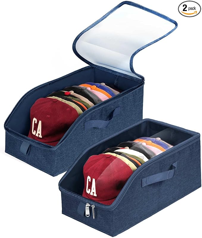 Livelab Hat Organizer for Baseball Caps, Hat Storage Holder Container for Closet Hold Hats with Clear Window, Hat Boxes for Home Storage | 2Pcs Blue